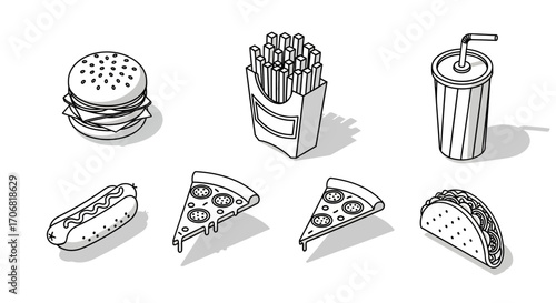 A set of six black and white fast food icons in a clean vector outline style with an isometric perspective and simple shadows