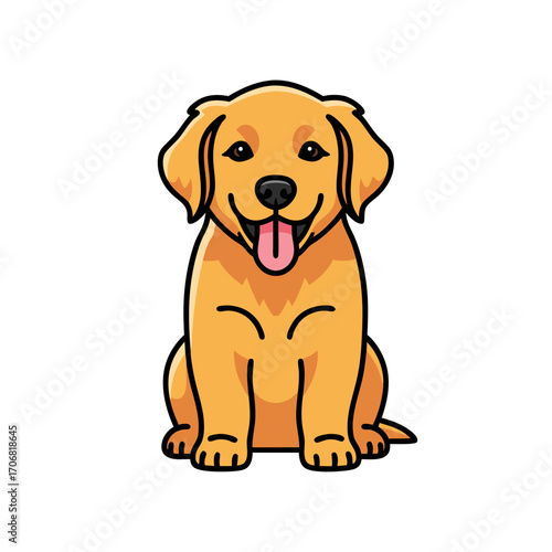 A cheerful golden retriever dog vector illustration sitting on a white background with its tongue out and a friendly expression. The dog has a light brown coat with darker fur