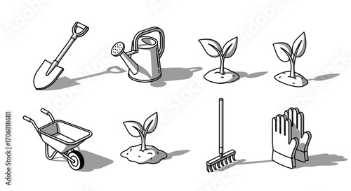 Collection of Black and White Line Art Icons Depicting Essential Gardening Tools and Seedlings, Perfect for Design Projects