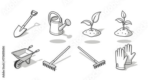 Collection of Essential Gardening Tools and Supplies for Cultivation and Plant Care in Simple Outline