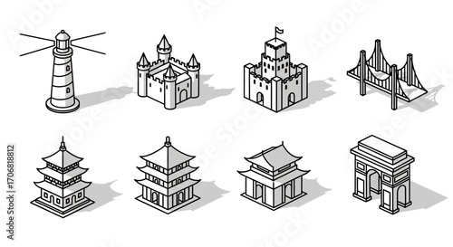 A set of eight isometric black and white line art icons of famous world landmarks and architecture