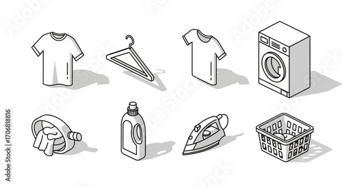 Isometric line art icon set showing laundry essentials like a washing machine, iron, and detergent