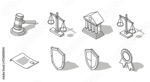 Collection of Isometric Law and Justice Icons Gavel, Scales, Courthouse, Shield, and Diploma
