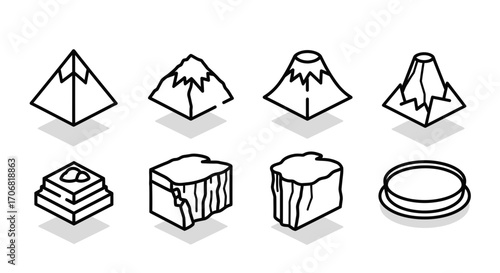 Isometric Rocks and Mountains Minimalist Line Art Set for Geology Enthusiasts