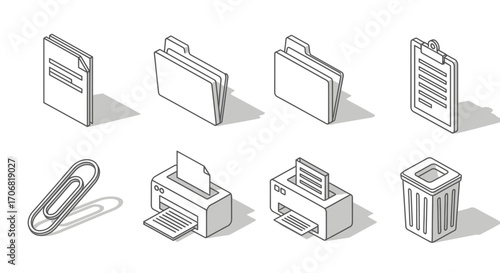 Set of office equipment and stationary icons in a black and white isometric line art style