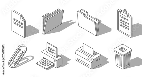 Set of isometric office icons in black and white line art style for document management