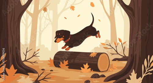 A playful dachshund dog vector jumping over a log in a forest with autumn leaves and trees in the background creating a fun and lively scene. The dog is black with brown markings
