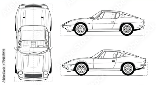 Technical drawing of a vintage sports car with top front and side views in black and white line art