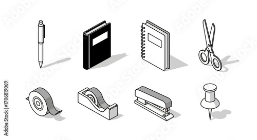 A set of eight black and white isometric office supply icons including pen, notebook, and scissors