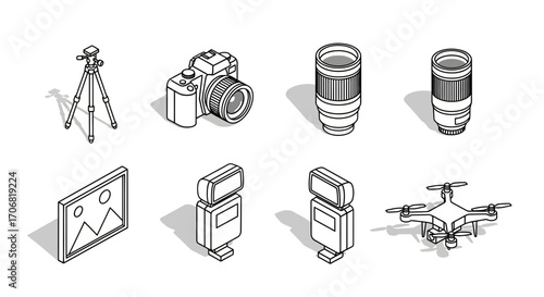 A set of isometric photography and video equipment icons in a black and white line art style