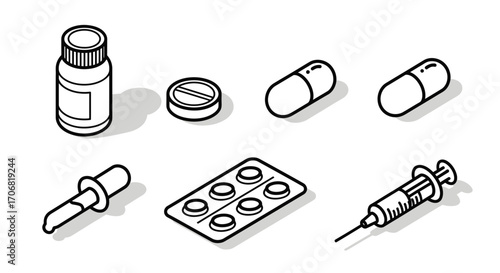 A set of six black and white isometric icons representing medical and pharmaceutical supplies
