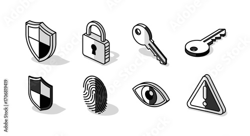 Essential Security Icons Shield, Lock, Key, Fingerprint, Eye, Warning Sign Isometric