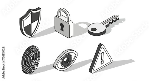 A set of six isometric security icons in black and white, featuring a shield, padlock, key, and fingerprint