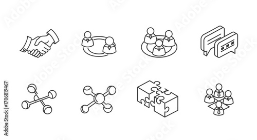 Set of isometric line icons for business collaboration, teamwork, and communication concepts