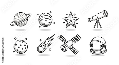 A collection of eight black and white space and astronomy icons like a planet, star, and comet