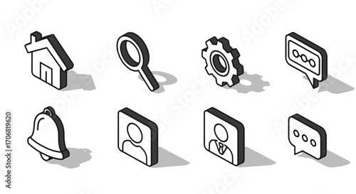 A set of isometric user interface icons in crisp black and white vector line art style for web design