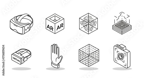 A collection of eight isometric line art icons representing virtual and augmented reality concepts