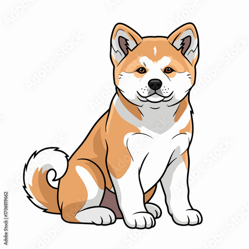 A cute akita dog vector illustration with orange and white fur sitting on a plain background looking friendly and approachable with a sweet expression on its face. The dog vector