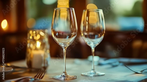 Empty wine glasses on a restaurant table