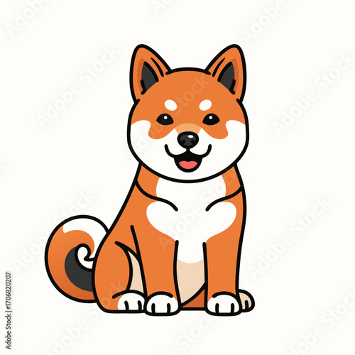 A cute orange and white dog vector illustration sitting on a plain background with a cheerful expression looking directly at the viewer with its mouth slightly open and tongue out