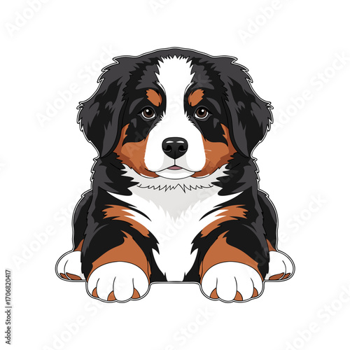 A cute dog vector illustration of a bernese mountain puppy with distinctive black, white, and brown fur, lying down on a plain white background, conveying a sense of innocence and