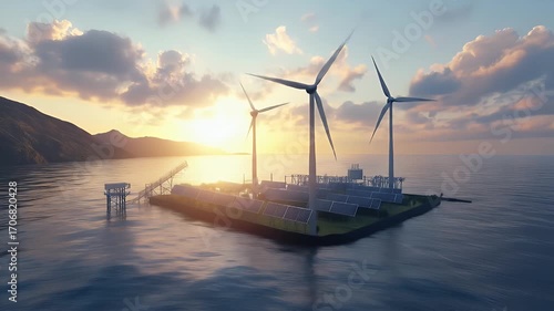 Floating Offshore Renewable Energy Platform at Sunset