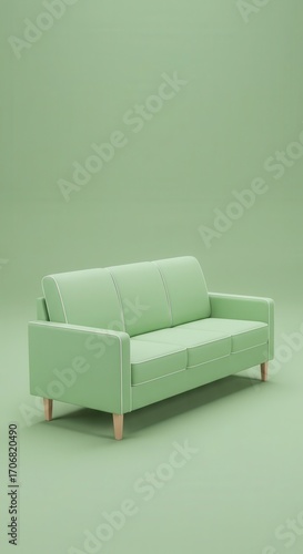 A light sage green sofa stands out against a matching minimalist backdrop, showcasing its clean lines and simple design.