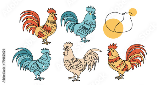 A collection of vibrantly illustrated roosters in various colors and poses.