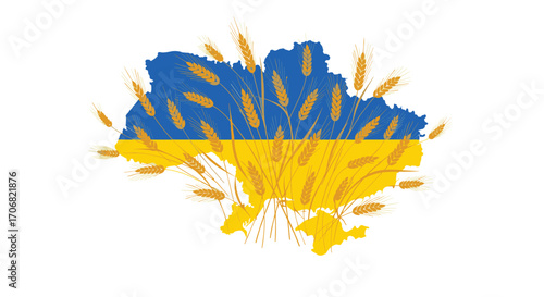 Ukrainian agricultural fields thriving with golden wheat under a blue sky and sun emblem.