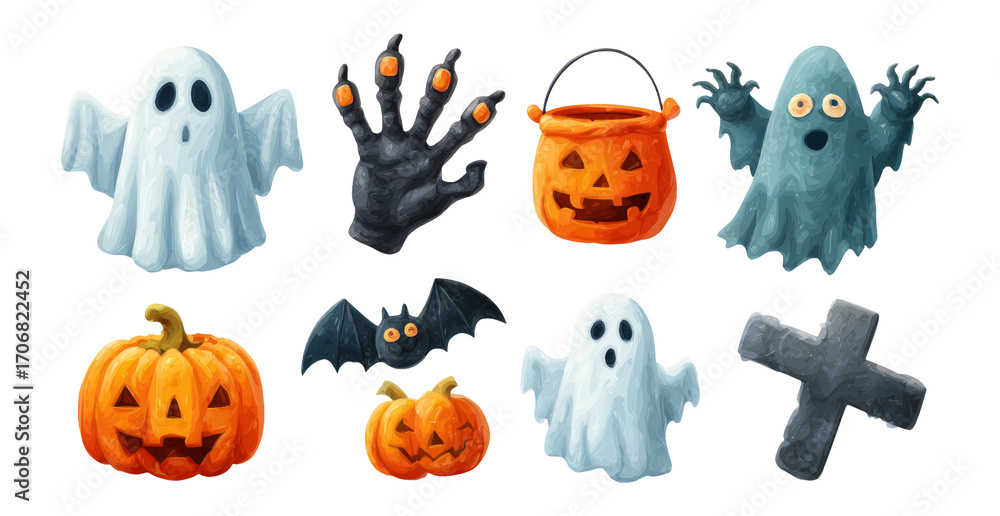 Naklejka premium Spooky Halloween Elements Collection with Ghosts, Pumpkins, and a Bat Illustration
