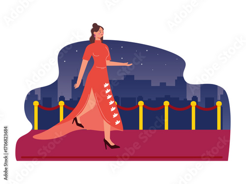 Top female artist walking on the red carpet. Hollywood illustration. Flat vector illustration.