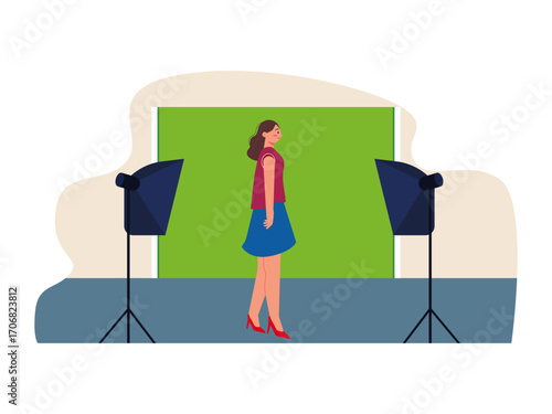 Woman is shooting with a green screen and lights. Hollywood illustration. Flat vector illustration.