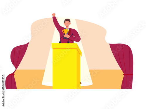 Male actor at podium speaking, winning award celebrity. Hollywood illustration. Flat vector illustration.