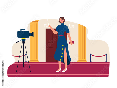 Famous female artist is posing in front of the camera in her elegant dress. Hollywood illustration. Flat vector illustration.