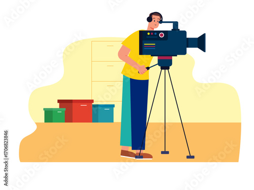 Professional cameraman is filming a scene. Hollywood illustration. Flat vector illustration.