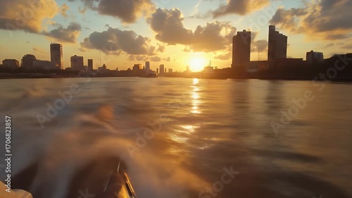 Golden Sunset Over a City Skyline Reflected on Water