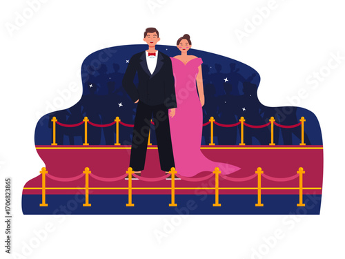 Artist couple with a man wearing a suit and a woman a pink luxury dress standing on the red carpet and posing. Hollywood illustration. Flat vector illustration.