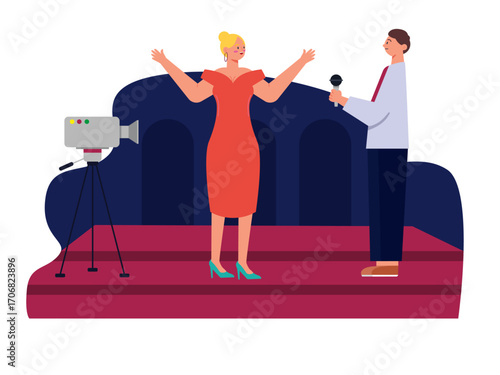 Female actress interviewing with male journalist. Hollywood illustration. Flat vector illustration.