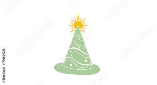 A whimsical illustration of a light green conical hat topped with a radiant golden sun.