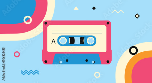 Retro cassette tape with colorful abstract shapes and geometric patterns on a light blue background.