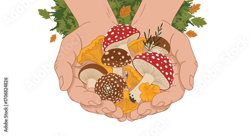 A caring collection of forest fungi and autumnal leaves gathered in gentle hands.