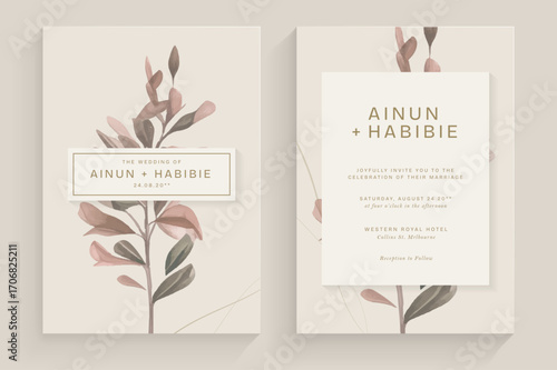 Aesthetic Wedding Invitation with Watercolor Leaves Arrangement