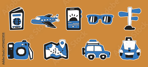 Solid Blue, Black, and White Traveling Theme Sticker Collection in a Cutout and Flat Design and Dark Line Art