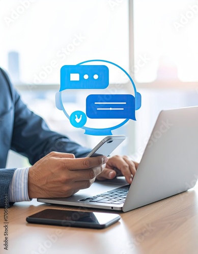 Businessperson using mobile phone and laptop with chat interface overlay