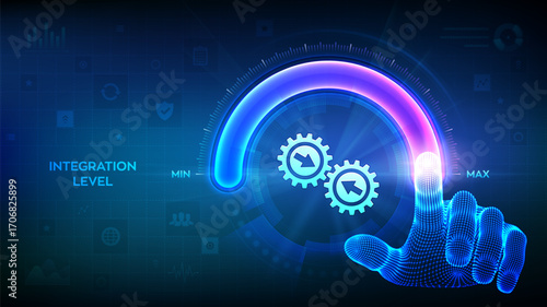 Integration data system. System Integration. Industrial and smart technology. Business and automation solutions. Hand is pulling up to the maximum position circle progress bar. Vector illustration.