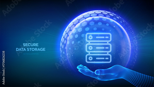 Secure Data Storage. Server and database storage security. Data center protection. Server icon inside transparent protection sphere shield with hexagon pattern in wireframe hand. Vector illustration.