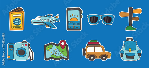 Solid Colorful Traveling Theme Sticker Collection in a Cutout and Flat Design and Dark Line Art
