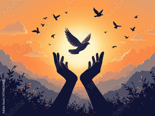 Minimalist vector of two hands releasing a dove into sunrise sky with clouds and birds, symbolizing freedom, hope, and International Day of Peace