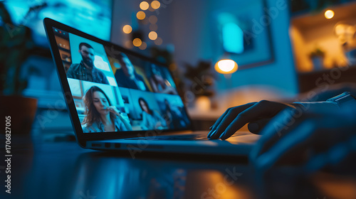 Person participating in a video conference on a laptop in a dimly lit room with warm ambient lighting