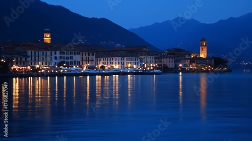 Lakeside town at twilight